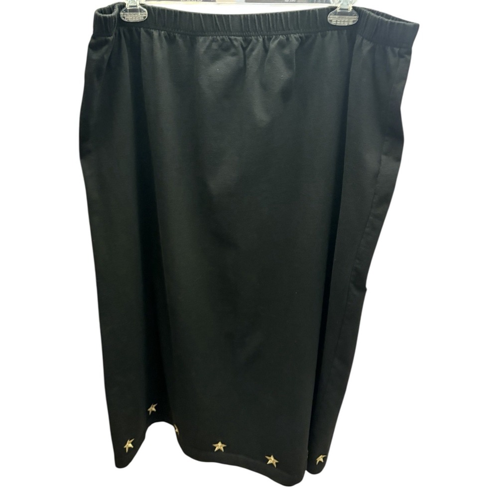 Quacker Factory Plus 3X Black Cotton Skirt Gold Star Embroidery Elastic Waist